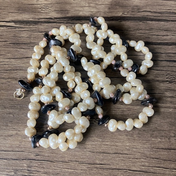 Vintage long ivory faux pearl, black and gold tone beads baroque opera necklace - Picture 3 of 8